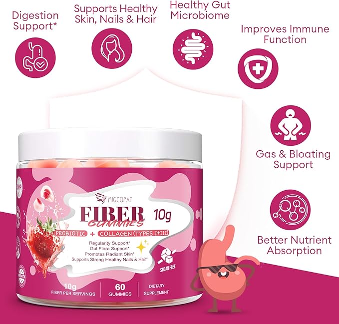 10G Fiber Gummies with Collagen Peptides Hyaluronic Acid Vitamin C ACV 30 Billion CFU Probiotics – Sugar Free Collagen Gummy for Skin Hair &amp Nails – Digestive Health Support – 60 Cts