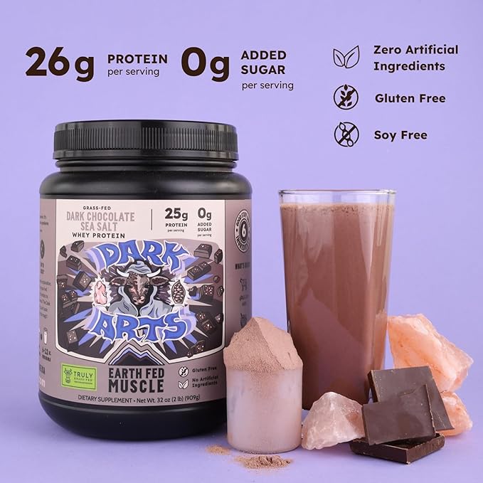 Earth Fed Muscle Dark Arts Grass Fed Truly Grass Fed Whey Protein Powder - No Artificial Ingredients Soy Free Gluten Free Non-GMO and Hormone Free (2 Pound 26 Servings Salted Chocolate)