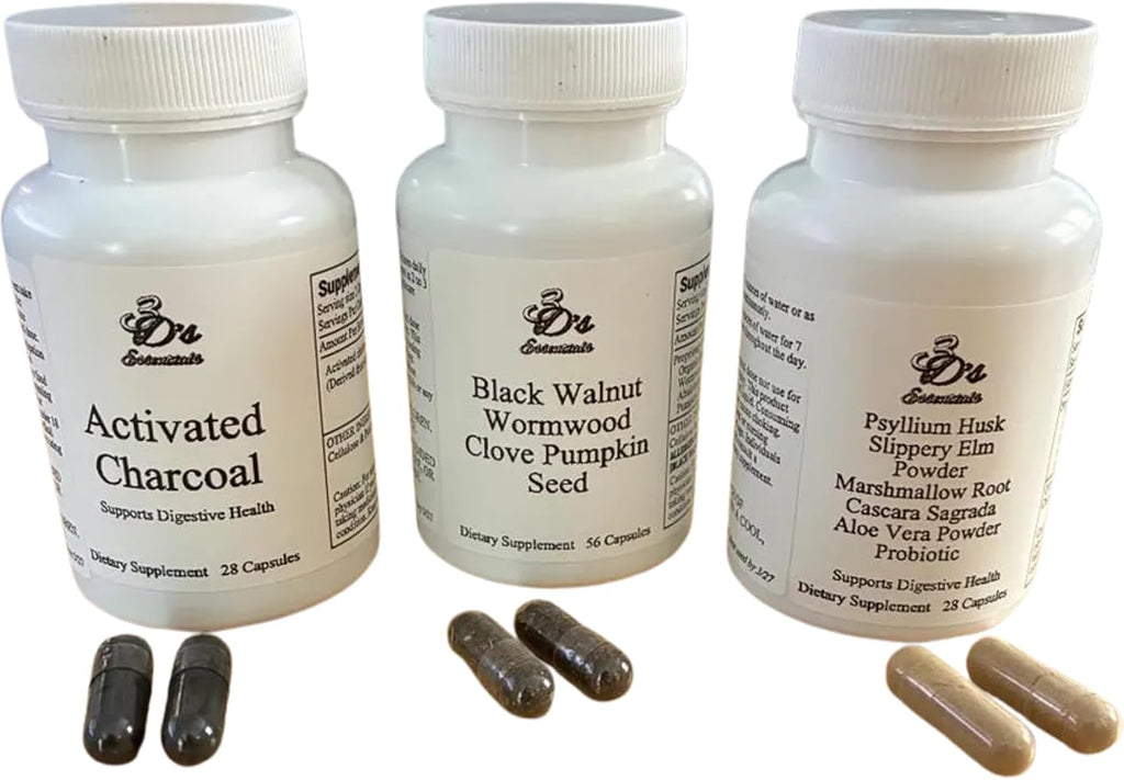 3D's Essentials Complete Gut Support - Activated Charcoal Black Walnut Blend Colon Support - 3 Bottles