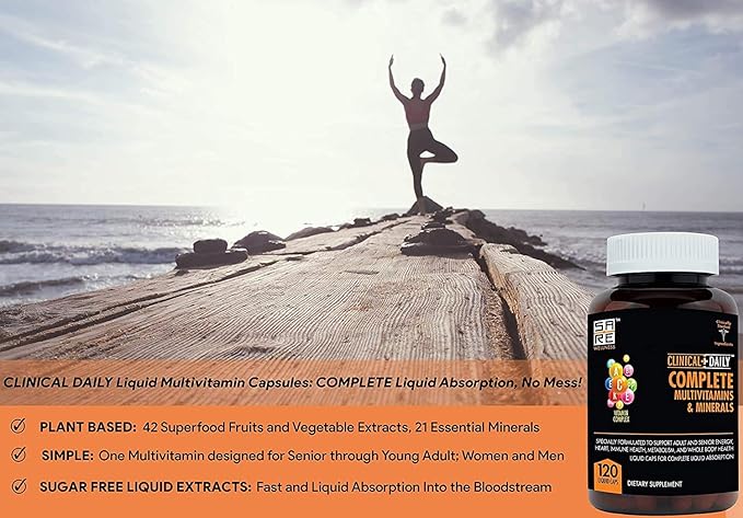 Clinical Daily Complete Whole Food Multivitamin Supplement for Women &amp Men - Complete Liquid Vitamin Absorption! 42 Superfood Fruits Vegetables - Young Adult to Senior - 120 Liquid Capsules