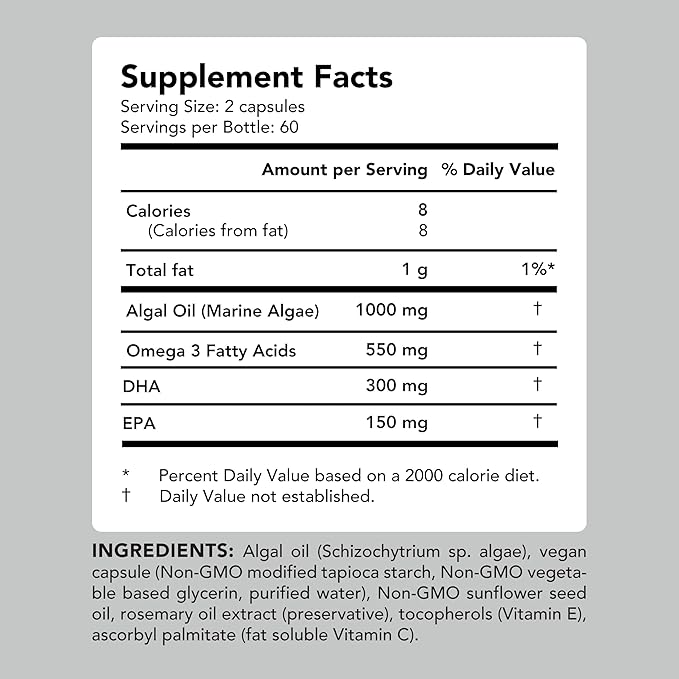 AMANDEAN Vegan Omega 3 Supplement. Premium Fish Oil Alternative. Algae DHA &amp EPA. Carrageenan Free Softgels. Algal Essential Fatty Acids. Plant Based Heart Brain Eye Skin Immune Support. (120c