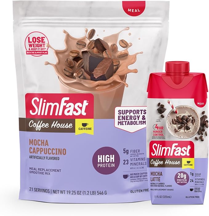 Bundle SlimFast High Protein Meal Replacement Powder Caffeine Mocha Cappuccino 21 Servings + Protein Shake Mocha Latte- 20g Protein Meal Replacement Shake Ready to Drink 11 Fl Oz (Pack of 12)