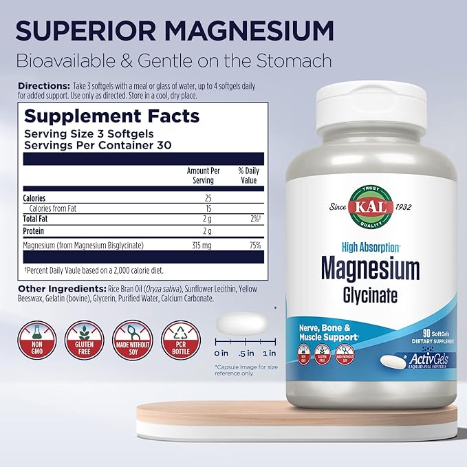 KAL Magnesium Glycinate ActivGels 315mg High Absorption Magnesium Supplement for Muscle Nerve &amp Bone Health Support Non-GMO Gluten Free 30 Servings 90 Softgels