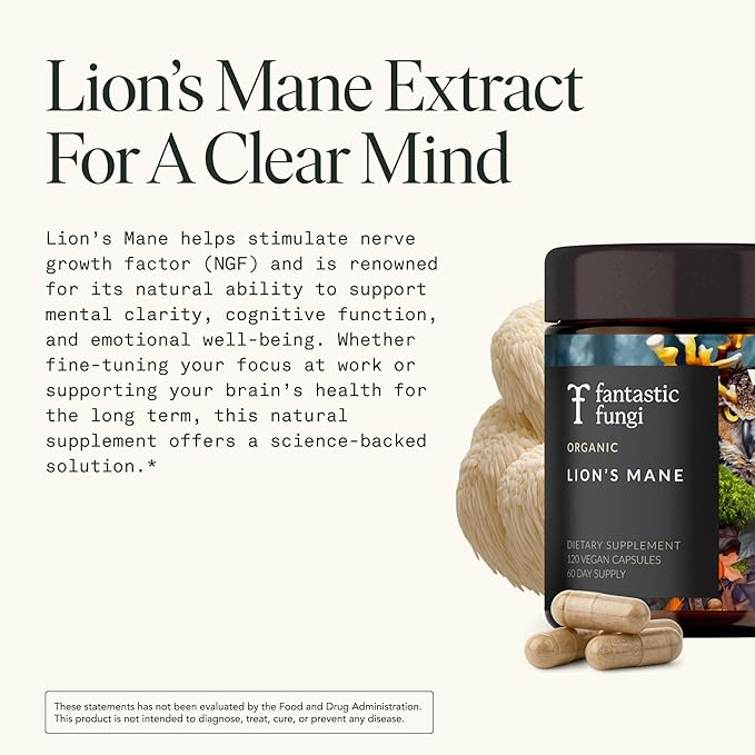 Fantastic Fungi Lions Mane Supplement Capsules - Lions Mane Mushroom Supplement for Focus Memory &amp Mood - Adaptogenic Functional Mushroom Extract USDA Organic Vegan 120 Capsules (2-Month Suppl