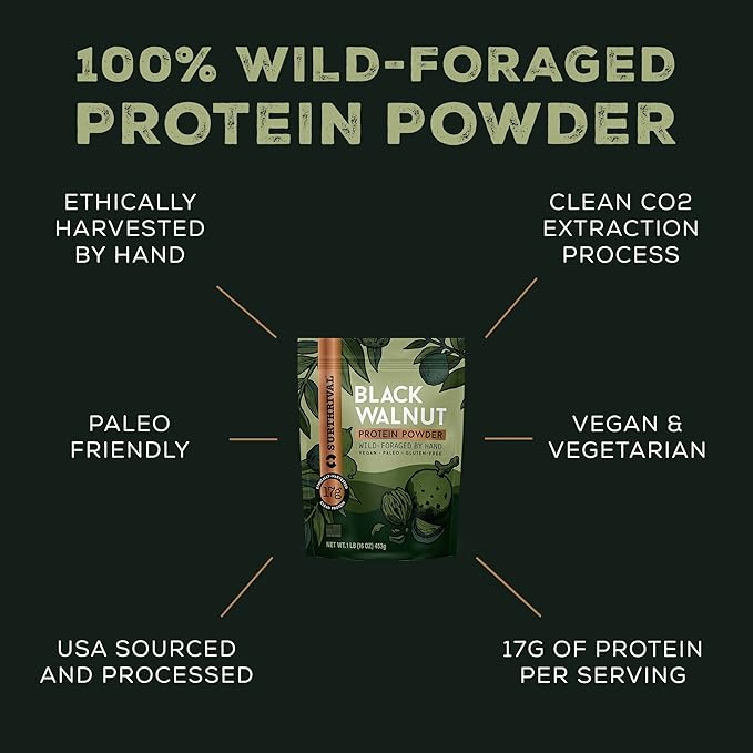 Surthrival: Black Walnut Protein Powder Wild-Foraged Ethically-Harvested 17g Protein USA Sourced Vegan Paleo Gluten-Free 1lb