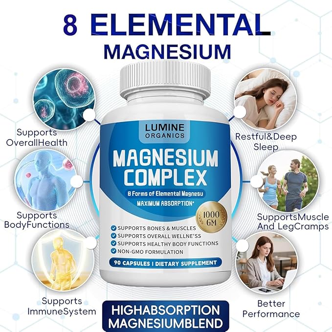 1PCSLumine Organics Magnesium Complex Supplement 1000mg - Advanced 8-in-1 Magnesium Blend - Glycinate Citrate Malate Taurate etc.– High Absorption Formula – Non-GMO 90 Capsules (1B)