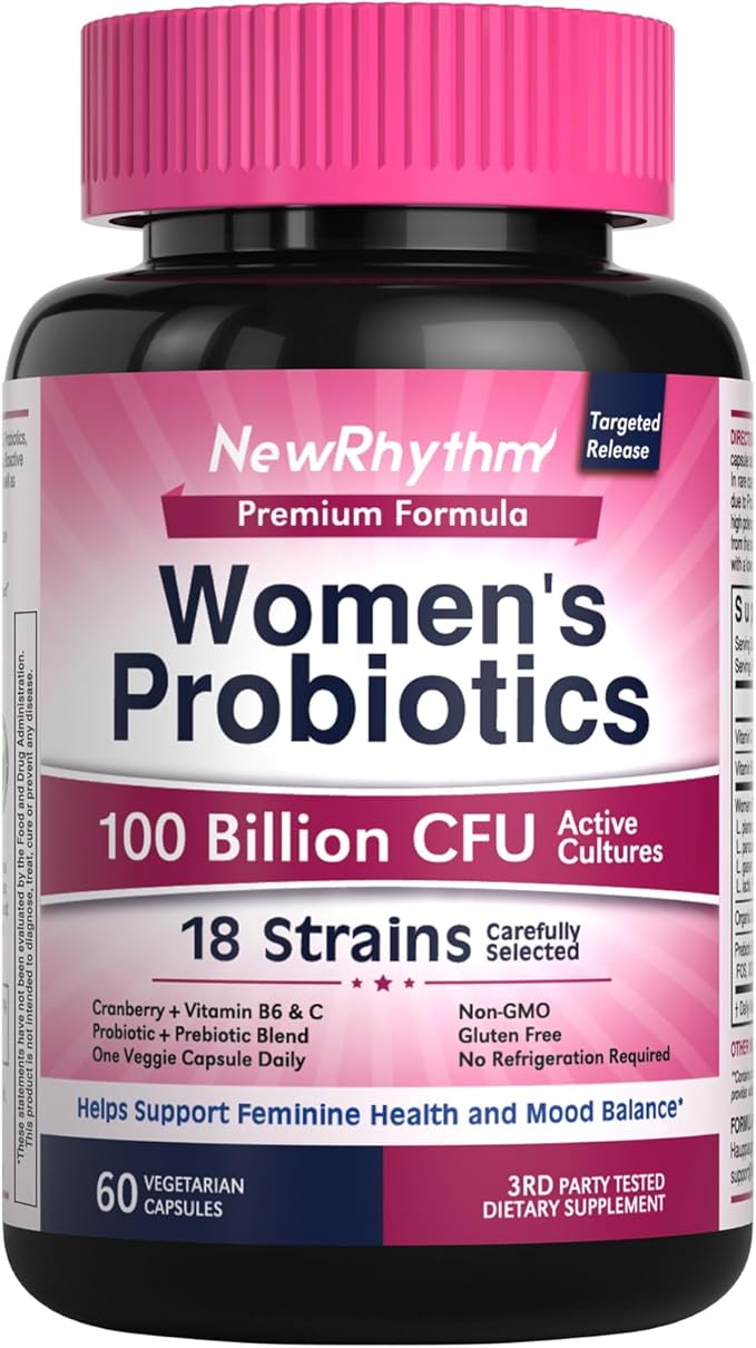 NewRhythm Probiotics for Women P-5-P Vitamin C &amp Organic Cranberry 100 Billion CFU 18 Strains Prebiotics &amp Vaginal Probiotics for Digestive Health &amp PH Balance 60 Capsules No Dairy