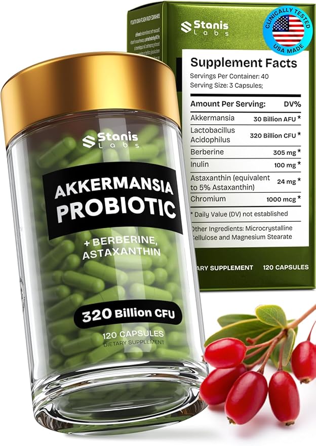 Akkermansia Muciniphila Probiotics 320 Billion CFU| Probiotic and Prebiotic | Akkermansia Probiotics for gut health | Inulin Prebiotic Fiber Capsules Astaxanthin &amp Berberine &amp Chromium | 120 c