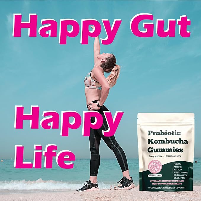 Probiotic Kombucha Gummy - Prebiotics + Probiotics + Postbiotics | Contains MCT Oil elm bark Dandelion Root and Fiber | Promotes Gut Health | 60 Capsules