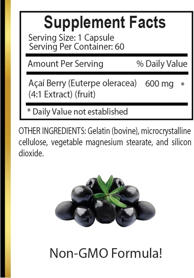 Acai Berry Extract 4:1 Capsules – Antioxidant Acai Formula for Energy &amp Active Lifestyle Nutrition Everyday Wellness Support - 60 Capsules
