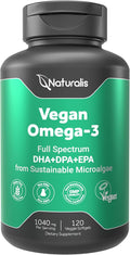 Naturalis Vegan Omega 3 DHA EPA &amp DPA from Algae | Vegan Society Certified Sustainably Sourced True Full Spectrum | 120 Veggie Softgels (Carrageenan Free)