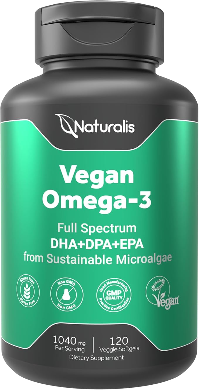 Naturalis Vegan Omega 3 DHA EPA &amp DPA from Algae | Vegan Society Certified Sustainably Sourced True Full Spectrum | 120 Veggie Softgels (Carrageenan Free)