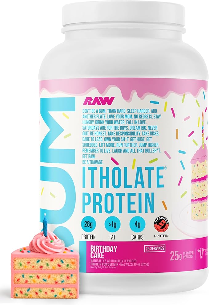 RAW Whey Isolate Protein Powder Birthday Cake (CBUM Itholate Protein) - 100% Grass-Fed Sports Nutrition Powder for Muscle Growth &amp Recovery - Low-Fat Low Carb - 25 Servings