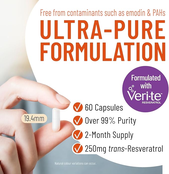 Arcwell Ultra Pure &gt99% Trans-Resveratrol 250 mg per Capsule - 60 Vegetable Capsules | High Potency Antioxidant | Highly Bioavailable