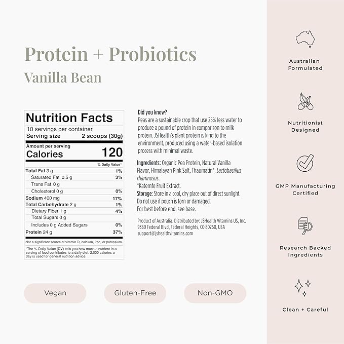 JSHealth Vegan Pea Protein Powder with Probiotics - Vanilla Bean Flavor - Gluten Free Non GMO Plant Based Protein Drink Mix 300g