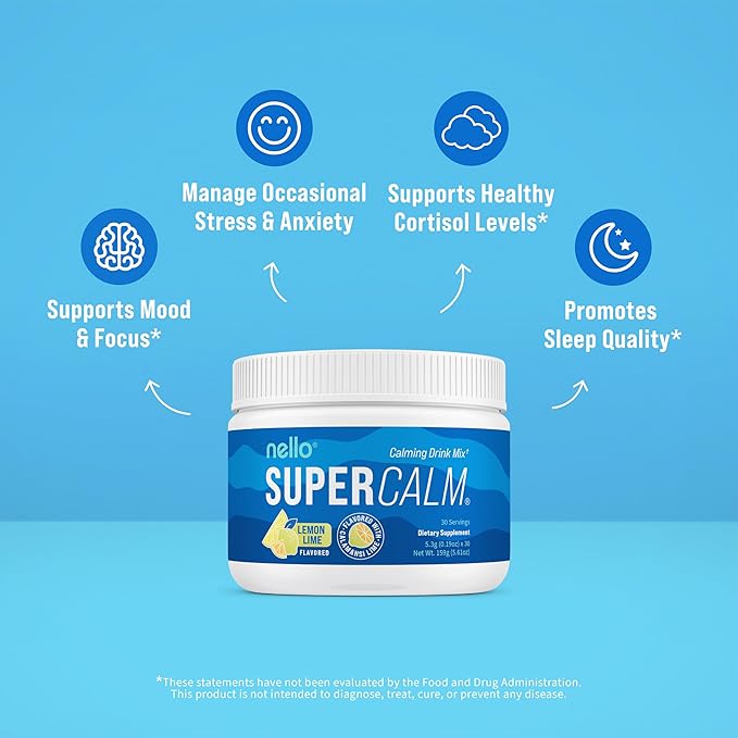 Nello Supercalm Powdered Drink Mix Tub Cortisol Reducer* and Sleep Aid Supplement L Theanine Ksm-66 Ashwagandha Magnesium Glycinate Vitamin D 3 No Sugar Non GMO On The Go 30 Ct Lemon Lime