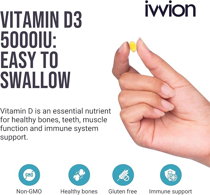 Preservative-Free Vitamin D3 5000 IU (125 µg) Softgels 1 Year Supply – High Strength Cholecalciferol | Gluten Free Non-GMO | Supports Immune System Bones Teeth &amp Muscles | UK Made 365 Count