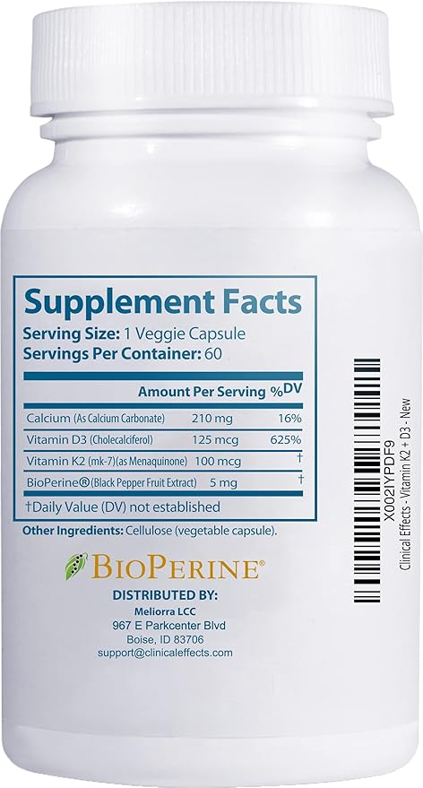 Clinical Effects Vitamin K2 + D3 - K2 + D3 Vitamin Supplement with Bioperine Black Pepper Extract and Calcium for Bone and Heart Health Support - 3 Pack - Max Absorption - Made in The USA