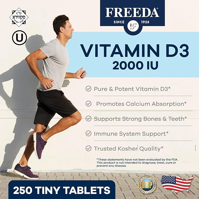 FREEDA Vitamin D3-2000 IU – High-Potency Vitamin D for Bone Strength &amp Immune Support – Easy-to-Swallow Tablets – 250 Tiny Tablets