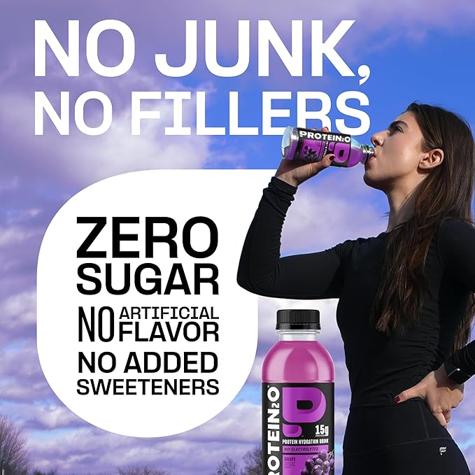 Protein2o Hydration Drink - 2-in-1 Liquid Clear Whey Protein Isolate and Electrolyte Drink - 15g Protein Vitamins B5 B6 - Post-Workout Recovery - 16.9 Fl Oz - 12 Count Grape