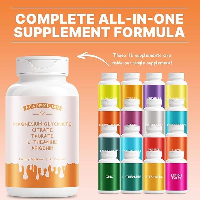 Magnesium Glycinate with Magnesium Citrate Capsules L-Theanine Supplement Magnesium Taurate Apigenin Supplement - 120 Count