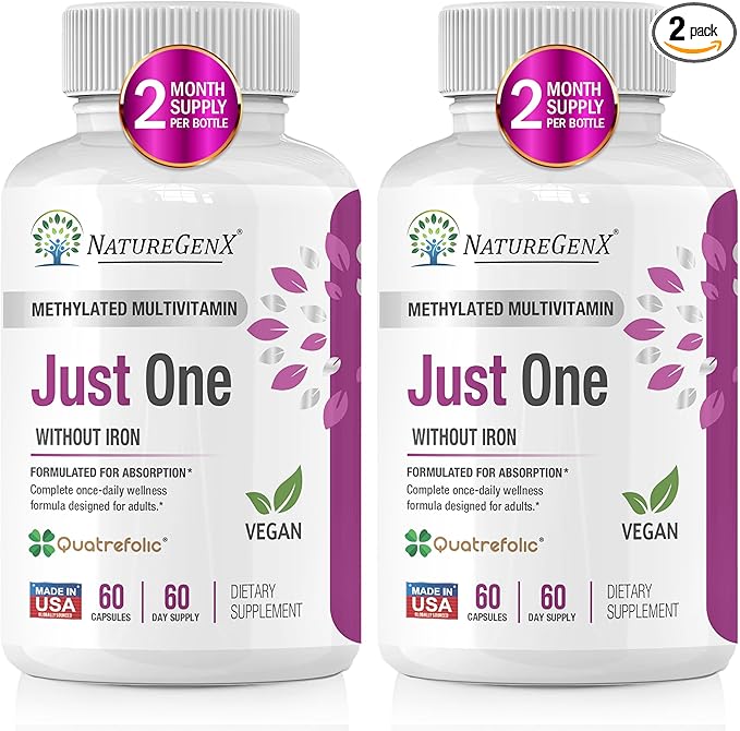 Just One Daily Methylated Multivitamin with Methyl B12 Quatrefolic Methylfolate Pure MTHFR Supplement for Men and Women Without Iron 2 Bottles (60 Vegan Capsules) USA-Made