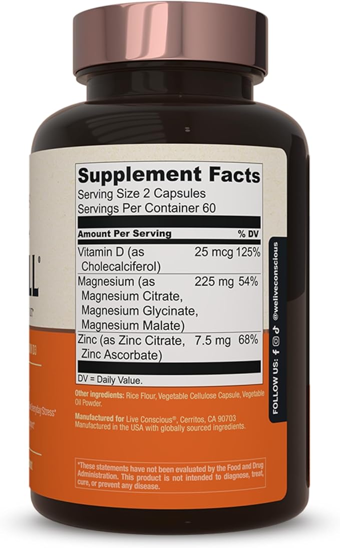 Live Conscious Magnesium Zinc &amp Vitamin D3 - Bioavailable Forms of Magnesium - Malate Glycinate Citrate - MagWell Bone &amp Heart Health Immune System Support - 120 Capsules (2-Pack)