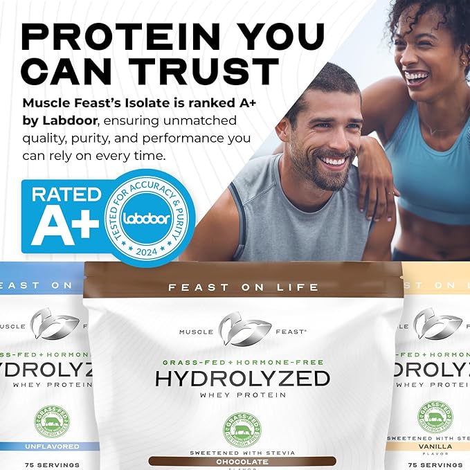 Muscle Feast Hydrolyzed Whey Protein Powder Grass Fed and All Natural Hormone-Free Hydro Whey Powder for Men and Women Gluten Free Non-GMO Delicious Hydrolyzed Protein Powder Unflavored 2lb