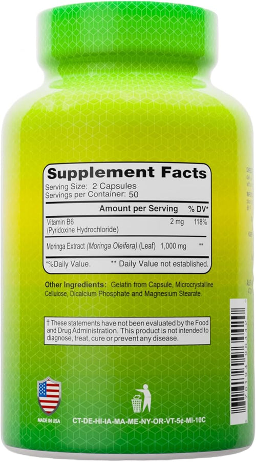 ALFA VITAMINS Moringa with Vitamin B6 Nutrient-Rich Superfood Supplement with Antioxidants &amp Essential B Vitamins – 100 Capsules (2-Pack)