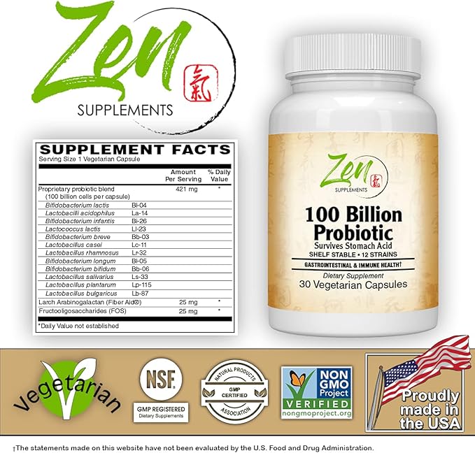 100 Billion Probiotic CFU with 12 Strains 30-Vegcaps - Sustained Release Technology Resist Stomach Acid Shelf Stable - Support for Healthy Digestion &amp Intestinal Ecology Favorable Intestinal Flo