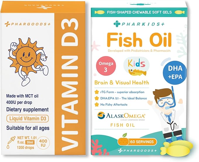 Baby Vitamin D3 Drops+Kids’ Fish Oil Softgels–Complete Daily Nutrition for Babies &amp Kids–Immune Bone Brain &amp Vision Support–Pediatrician Developed–1200 Vitamin D Servings+60 Softgels