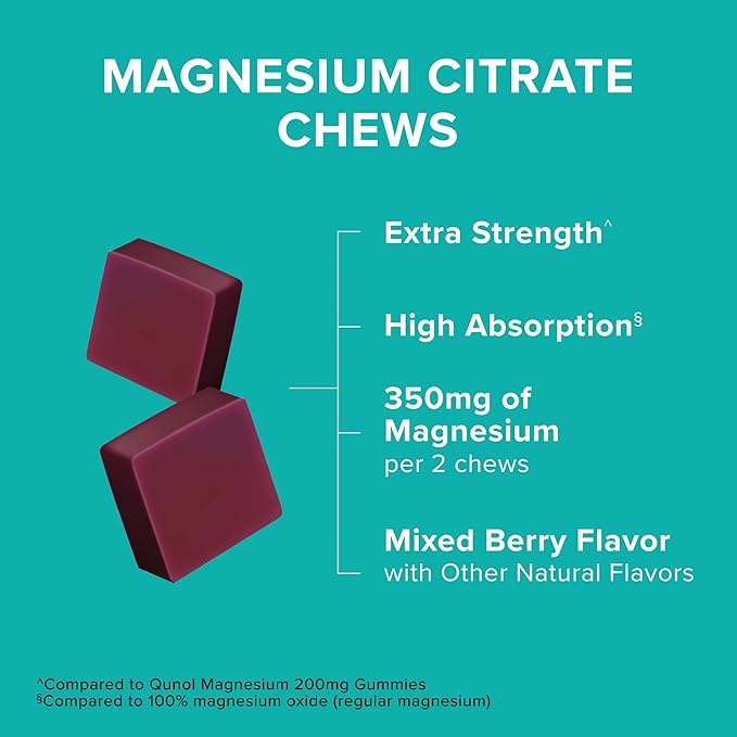 Qunol Magnesium Citrate Soft Chews 350mg Extra Strength Magnesium Supplement High Absorption to Support Nerve Bone and Muscle Health 90 Count