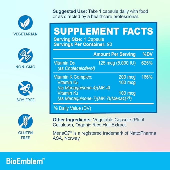 BioEmblem Vitamin D3 K2 (5000IU and 200mcg) and Mushroom Complex