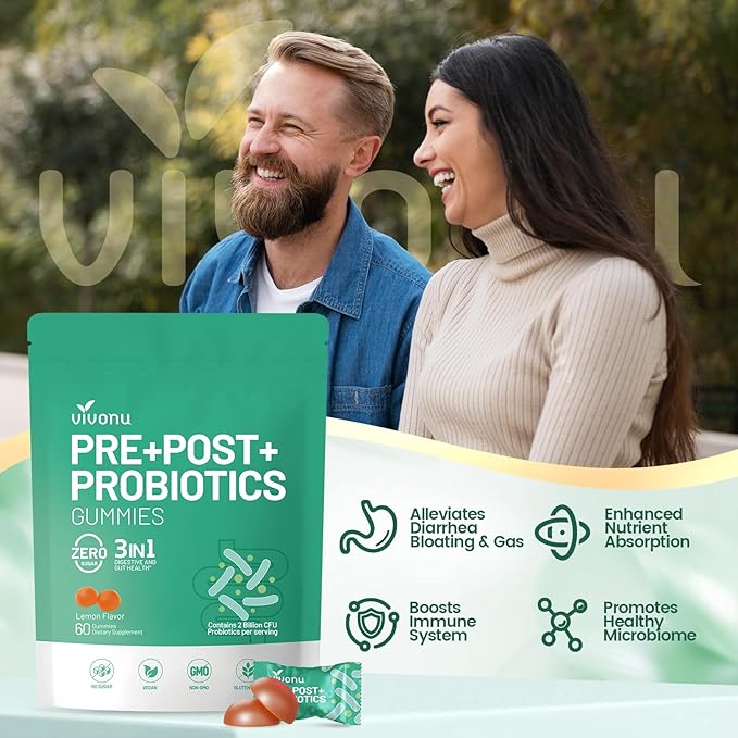 VivoNu Probiotics for Digestive Health Gummies 3 in 1 Intestinal Digestion Contains 2 Billion CFU Probiotic Zinc Magnesium and Vitamin D3 Men's Probiotics for Women Zero Sugar Non GMO 60 Gummy