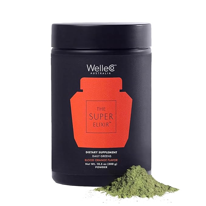 WelleCo The Super Elixir Daily Greens Powder Probiotic Drink Mix with Whole Foods Gluten Free Vegan Gut Health Powder Energy Immunity Healthy Skin Hair &amp Nails (Jar Blood Orange)