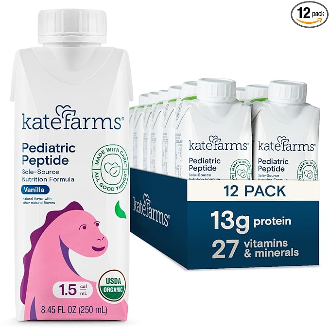 KATE FARMS Organic Pediatric Peptide 1.5 Formula Vanilla Sole-Source Hydrolyzed Plant-Based Nutrition for Oral or Tube Feeding 8.45 oz (12 pack)