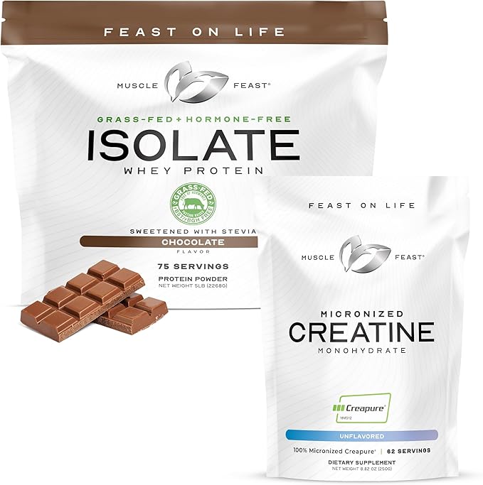 Muscle Feast Micronized Creapure Creatine Monohydrate - Unflavored 250g (x1) and Isolate Whey Protein Powder - Chocolate 5lb (x1) - Muscle Recovery and Performance Bundle