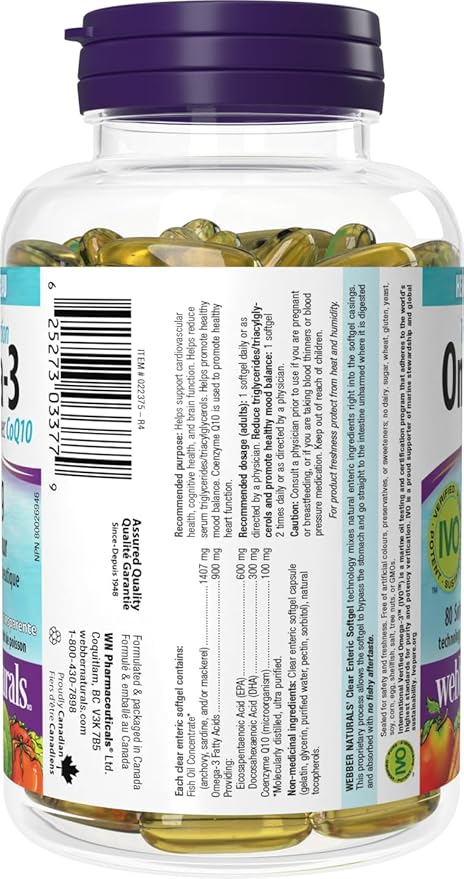Webber Naturals Triple Strength Omega-3 with CoQ10 enteric coated 900 mg Omega-3 (EPA • DHA)/ 100 mg CoQ10 80caps