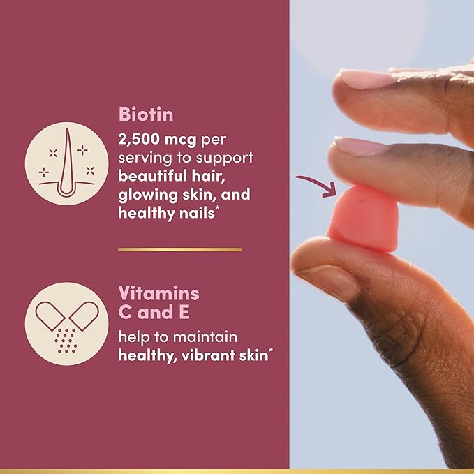 Nature's Bounty Optimal Solutions Hair Skin and Nails Pectin Gummies 2500 mcg Biotin Per Serving No Stick Gummy Vegetarian Formula Strawberry Flavor 200 Count 100 Total Servings (Pack of 2)