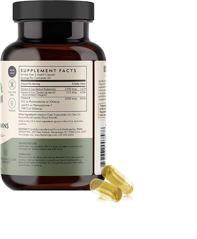 TERRA ORIGIN ADK Essential Vitamin Supplement | 60 Liquid Capsules | High Potency Vitamin A D 5000 IU K1 and K2 | Non GMO Gluten Free Vegan Made in USA