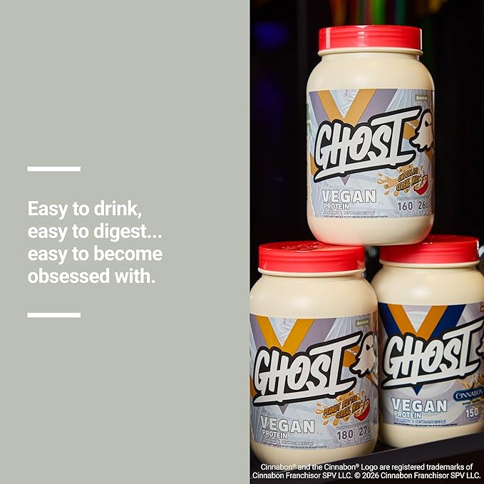 GHOST Vegan V2 Protein Powder Peanut Butter Cereal Milk - 2LB Tub 27G of Protein - Plant-Based Pea &amp Organic Pumpkin Blend Protein with Fiber &amp Iron ­Flavored Post Workout Shakes - Soy &amp