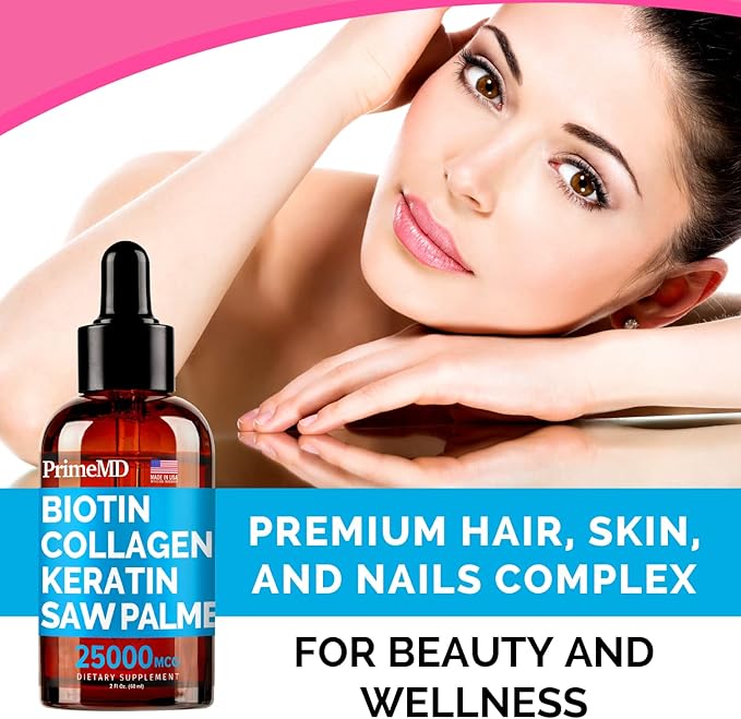 PrimeMD 4-in-1 Liquid Biotin Collagen Keratin Saw Palmetto Drops (3 Pack) Bundle - 25000mcg Hair Nails and Skin Vitamins for Women &amp Men - 2 Fl Oz Each Watermelon Flavor Gluten-Free Non-GMO