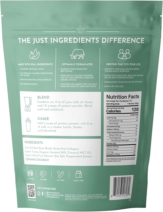 Bone Broth Protein Powder – Mint Chocolate | 15 Servings | 21g Grass-Fed Protein per Serving | Dairy-Free | Collagen for Gut Skin &amp Joint Support | Made with Real Food Ingredients