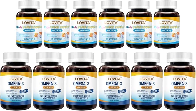 LOVITA Ultimate Family Stock Up Bundle - 6 Adult Fish Oil &amp 6 Kid’s Super Smart DHA Complete Heart Brain &amp Vision Care (12 Pc)