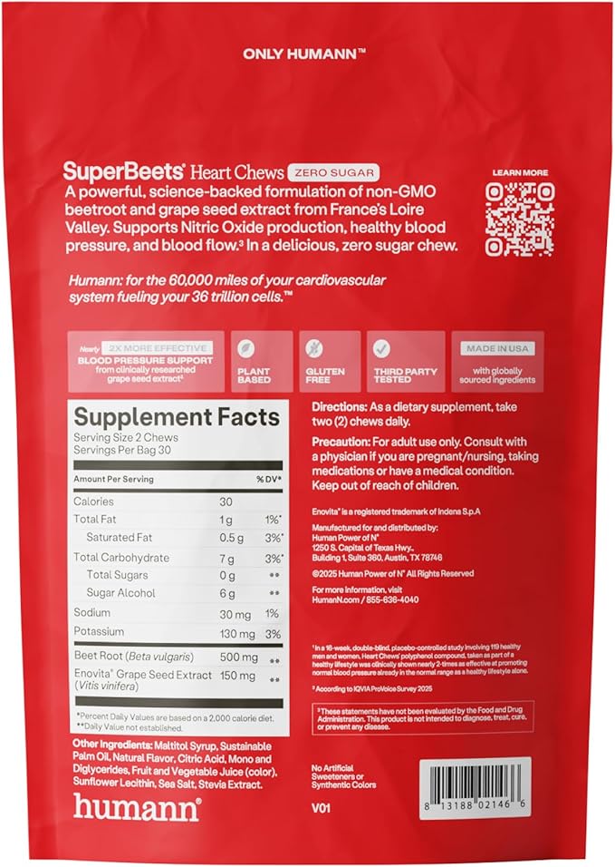 Humann SuperBeets Heart Chews Zero Sugar Nitric Oxide and Blood Pressure Support Grape Seed Extract &amp Non-GMO Beet Root Powder Energy Supplement Pomegranate Berry Flavor 60 Count