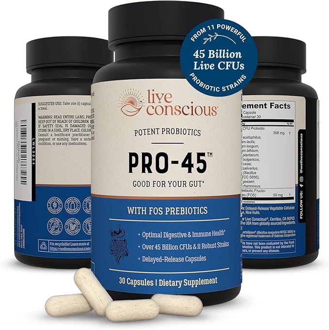 Live Conscious PRO45 Probiotics for Women &amp Men: Comprehensive Formula 45 Billion CFU 11 Strains Dairy Free - w/Prebiotics and Probiotics - Promotes Immune &amp Gut Health - 30 Veggie Caps