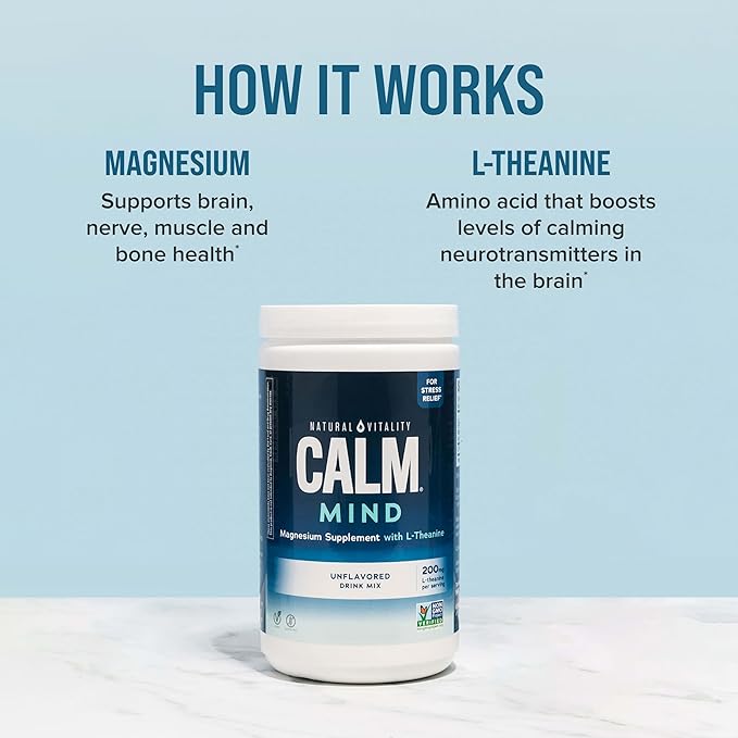 Natural Vitality Calm Mind Magnesium Citrate + L-Theanine Powder Supplement for Stress Relief Gluten Free &amp Vegetarian Unflavored 12 oz.