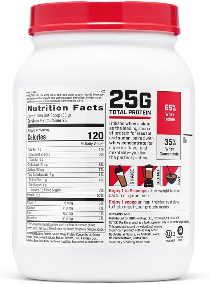 GNC Pro Performance 100% Whey Protein Powder 2.0 Fast Absorbing for Muscle Strength and Recovery Chocolate 25 Servings