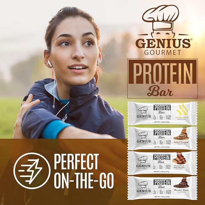 Genius Gourmet Protein Bar Salted Caramel Keto Snack Low Carb Low Sugar &amp Gluten Free Protein Snacks for Adults 10G of Whey Protein per Protein Bar 5 Net Carbs 20 Count