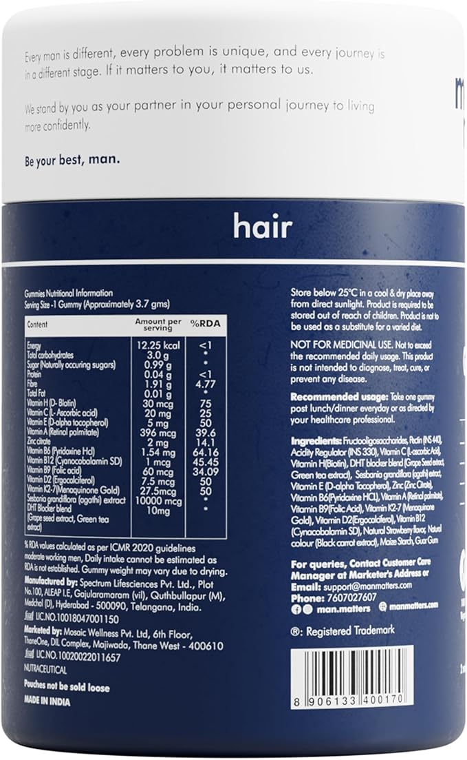 Man Matters Biotin Hair Gummies | Yummy Chewable Strawberry Flavored for Healthy Hair | Pack of 2 (60 Gummies Each)
